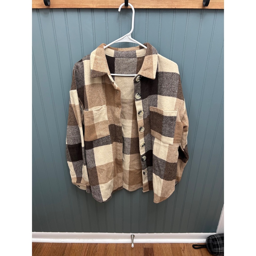 Womens Plaid‎ Shacket Button Up Long Sleeve Shirt Jacket Size M